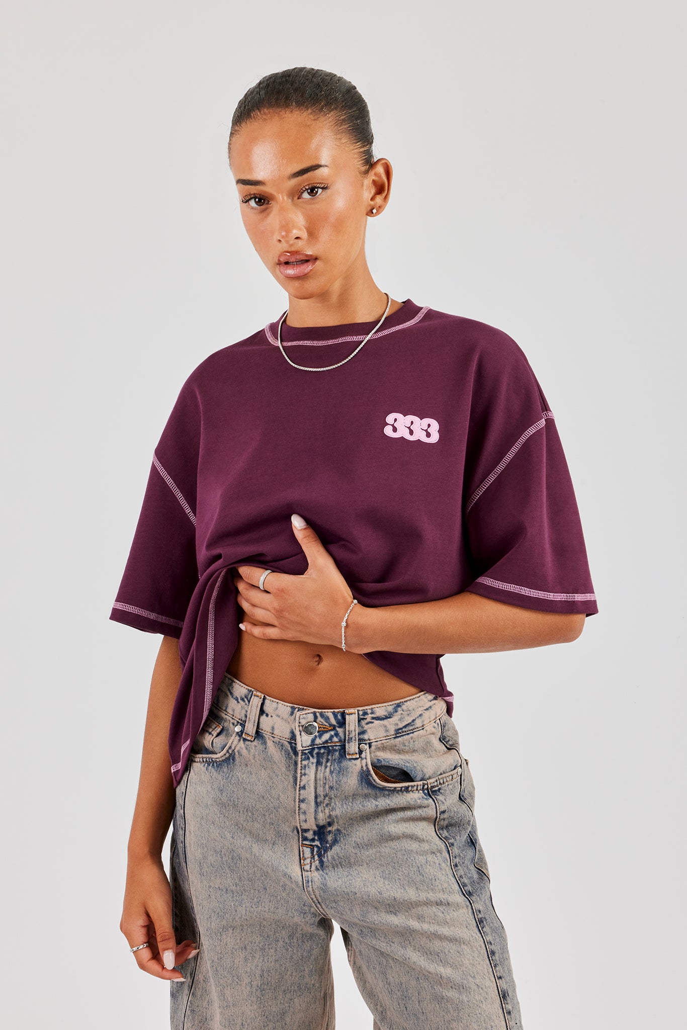 333 Cherub & Bow Contrast Stitch Oversized T-Shirt - Berry